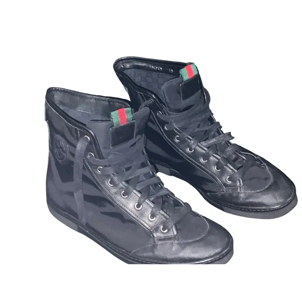 Gucci Men's High Top Sneakers Black Nylon Leather Size 11 US (10G) COA Auth